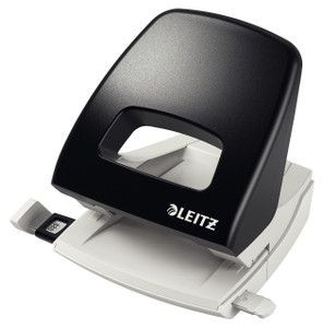 Leitz NeXXt Hole Punch 2.5mm Guidebar BK, black and white punch with adjustable guide bar for precise hole punching.