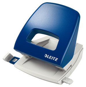 Leitz NeXXt Hole Punch 2.5mm Guidebar BL, blue and white paper hole puncher with a large handle and adjustable guide.