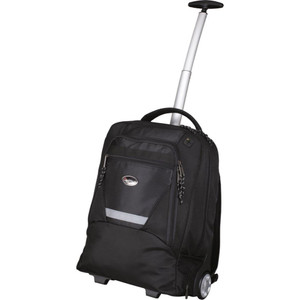 Lightpak Master Laptop Trolley Bpack, black wheeled backpack with extendable handle and multiple compartments for laptops and accessories.