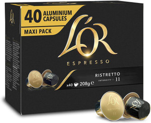 LOR Ristretto Coffee Pods PK40, aluminium capsules for espresso coffee, black and gold packaging, 40 capsules with intensity level 11, 208 grams.