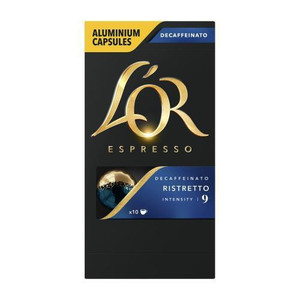 LOR Ristretto Decaf PK10, box of decaffeinated espresso capsules with black, gold, and blue packaging design.