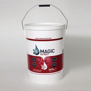 Magic Ice Melt Granules Bucket 18.75kg, white plastic bucket with red and blue labeling and metal handle for snow and ice melting.