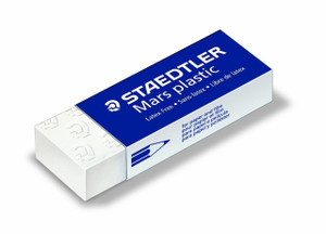 Staedtler Mars Plastic Eraser PK2, latex-free white eraser with embossed logo design on one side, for paper and film cleaning.