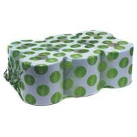 Maxima 2ply CFeed Roll Blue 150m PK6, image of a pack of blue and green polka dot paper feed rolls arranged in a box.