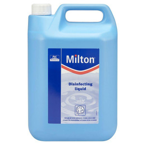 Milton Disinfecting Fluid 5L, blue plastic container with white cap and label showing product name and usage instructions.