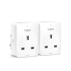 TP-Link Mini Smart WiFi Sockets Twin Pack, white smart plug sockets with remote control and WiFi connectivity for home automation.