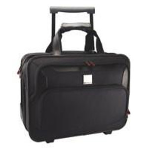 Monolith Delux Nylon Wheeled Laptop Case, black travel bag with extendable handle and multiple compartments for laptops and accessories.