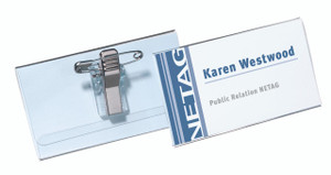 Durable Name Badge with Combi-Clip 40x75mm PK50, clear plastic name badge holder with metal clip for professional identification.