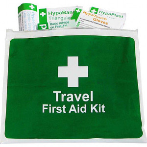 Off-Site First Aid Kit in Vinyl Wallet, travel first aid kit with medical supplies and instructions for emergency medical care.