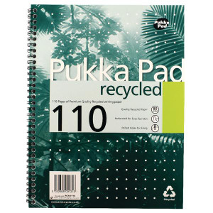 Pukka A4 Recycled Pad PK3, a green and white spiral-bound notebook with recycled paper, featuring a tropical leaf design on the cover and labeled with 110 pages of premium quality recycled writing paper.