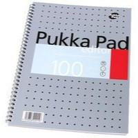 Pukka Metallic A4 Pad 80gsm PK3, image of a metallic silver A4 notepad with spiral binding and dotted pages.