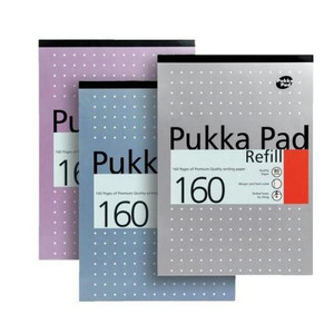 Pukka Refill Pad A4 160 pages PK6, image showing three refill pads in purple, blue, and grey colors with dotted covers.