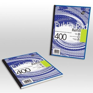 Pukka Refill Pad A4 400P Astd PK5, image showing two blue and white A4 refill pads with swirl and snowflake design, one standing upright and the other lying flat.