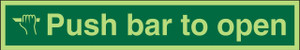 Seco Push Bar Glow In The Dark Sign, green safety sign with white text and icon indicating to push the bar to open in low-light conditions.