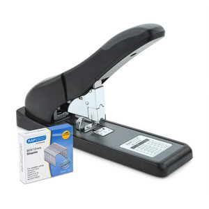 Rapesco ECO HD Stapler, black handheld stapling machine next to a box of 12mm staples.