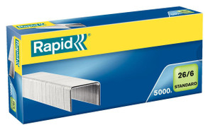 Rapid Staples 26/6mm (PK5000), box of 5000 standard steel staples for staplers, with an illustration of a stapler staple on the packaging.