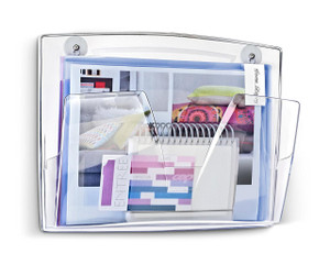 CEP Reception Magnetic Wall File Crystal, clear wall-mounted organizer holding papers, magazines, and stationery with a sleek design.
