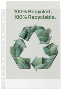 Rexel Pocket Recycled PP 70mic A4 PK100, sheet of recycled polypropylene pockets with eco-friendly leaf design and recycling symbol.