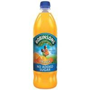 Robinsons Orange 1L PK1, bottle of orange flavored drink with label showing Robinsons branding and no added sugar.