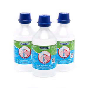 Astroplast Saline Eyewash 500ml Clear PK3, three bottles of sterile saline eyewash solution with blue caps for eye cleaning and irrigation.