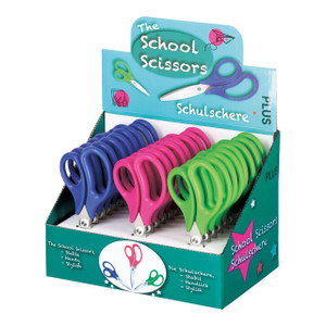 Plus School Scissors Assorted Pack 24, colorful school scissors in blue, pink, and green with ergonomic handles on display in a retail box.