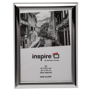 CW Office Shiny A4 Non Glass Frame 30mm Silver, product display with a shiny silver-colored frame surrounding an image of a canal scene and a label indicating size and non-glass material.