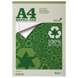 CW Office Silvine A4 Everyday Refill Pad PK6, green and white recycled paper refill pad with A4 size sheets and 4 punched holes.