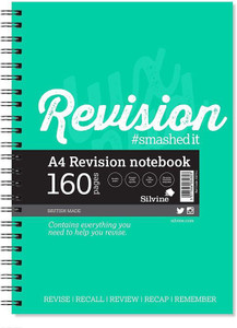 CW Office Silvine Revision Notebook A4 Green PK5, green spiral-bound A4 notebook with 160 pages for revision and note-taking.