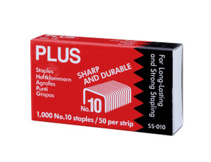 CW Office Staples No.10 Pack 1000, red and black box of durable, sharp No.10 staples for long-lasting, strong stapling, with 50 staples per strip.