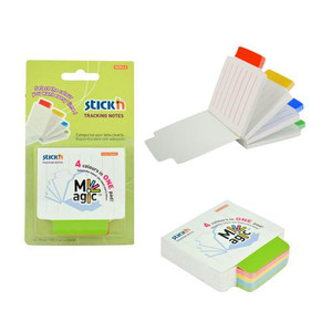 CW Office Stickn Magic Notes 70x70mm 100Sh WH, pack of colorful sticky notes and a close-up of the notes with different color tabs.