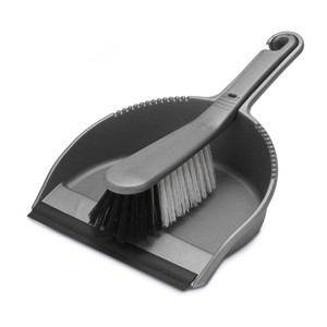 CW Office Stiff Dustpan & Brush Set Silver, silver dustpan and brush set with stiff bristles for cleaning floors and surfaces.