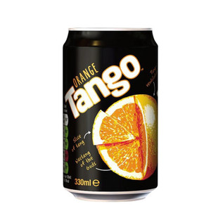 CW Office Tango 330ml Cans PK24, black can with orange Tang orange slice illustration, and product branding.