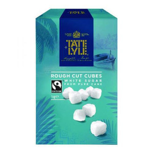 CW Office Tate & Lyle Sugar Cubes White 1Kg, image of a turquoise and navy box of sugar cubes with a tropical palm leaf background and sugar cubes in front.