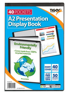 CW Office Tiger A2 Pres Display Book Black 40pkt, a black presentation display book with 40 pockets for organizing documents, designed for presentations and reports.