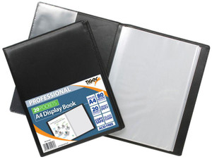 CW Office Tiger A4 Professional Display Book 20pkt, black displaying multiple clear plastic pockets for organizing documents.