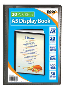 CW Office Tiger A5 Pres Display Book Black 20pkt, black display book with 20 pockets and A5 size for documents and presentations.