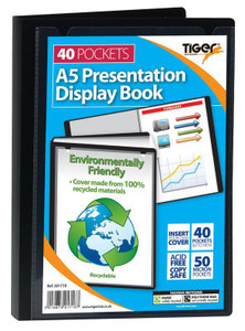CW Office Tiger A5 Pres Display Book Black 40pkt, front view of the presentation display book showing cover design and branding elements.