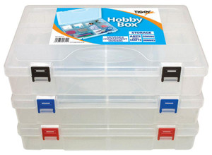CW Office Tiger Hobby Box, clear plastic storage containers with colorful clips for organizing craft supplies and hobbies.