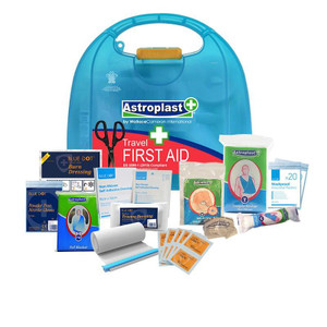 CW Office Travel First Aid Kit in Vivo Pouch, blue plastic first aid kit bag with medical supplies and bandages outside the pouch.