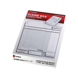 CW Office Twinlock Scribe 654 Sales Receipt 2-Part, multiple sales receipt forms with sectioned areas for transaction details and a printed image of the product on the packaging.