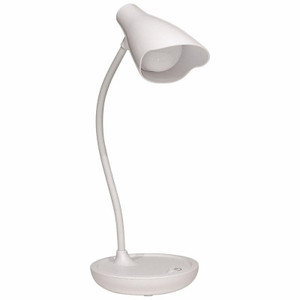CW Office Unilux Desk Lamp Ukky LED White, modern adjustable white desk lamp with LED lighting on a smooth round base.