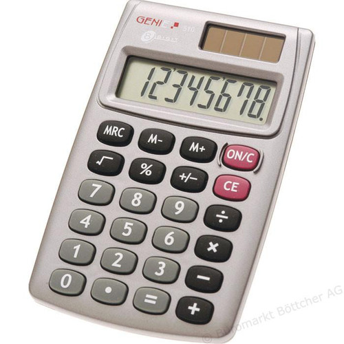 CW Office ValueX 510 8-Digit Pocket Calculator, silver portable calculator with digital display and black, gray, red buttons for basic arithmetic functions.