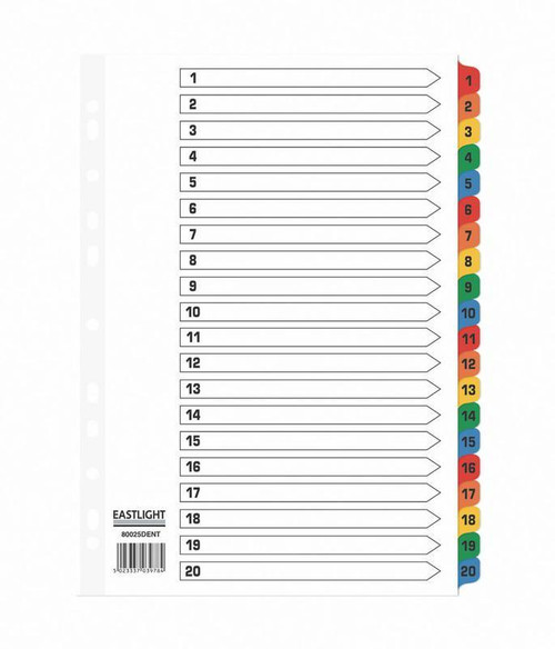 CW Office ValueX Index Mylar 1-20 A4, colorful index tabs with numbered labels from 1 to 20 for organizing documents.