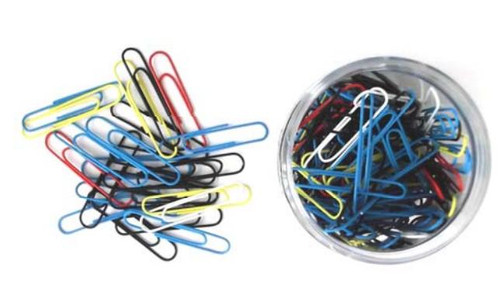 CW Office ValueX Paperclip 50mm Asst Colour PK125, assortment of colorful paperclips in blue, yellow, red, and black arranged around a transparent container.