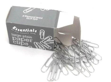 CW Office ValueX Paperclip Large Plain 32mm PK1000, open box of silver paper clips spilling out with some attached to the box.