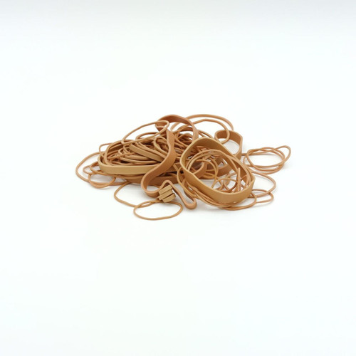 CW Office ValueX Rubber Band Asst Sizes Nat 454g, a pile of various-sized light brown rubber bands on a white background.