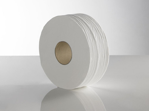 CW Office ValX Jumbo Toilet Roll 2Ply 300M WT PK6, a stack of white jumbo toilet paper rolls with a cardboard core, designed for commercial or office use.