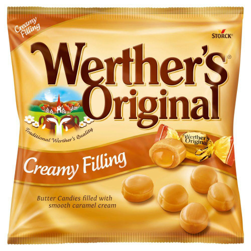 CW Office Werthers Original Creamy Filling 125g, image of caramel candies filled with smooth caramel cream on golden packaging.