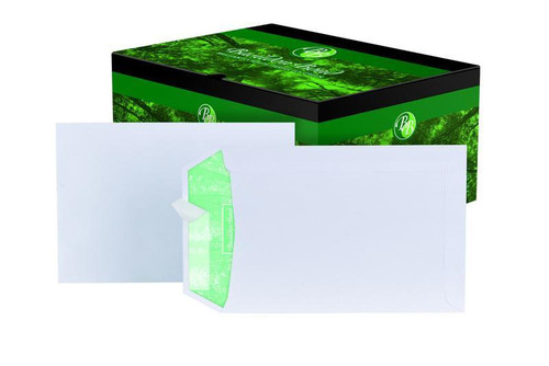 CW Office Basildon Bond P&S WT C5 PK500, white self-adhesive recognition window envelopes with green interior lining in a green and black branded box.