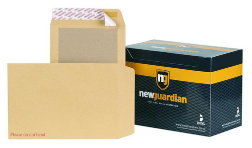 CW Office Heavyweight Board, brown kraft mailing and storage box with an open flap and a black and yellow box from New Guardian for postal protection.
